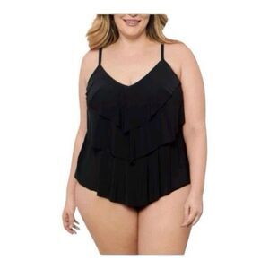 Aqua Green Women Black Triple Tier Tankini Plus Size 1X Beach V-Neck Full-cover